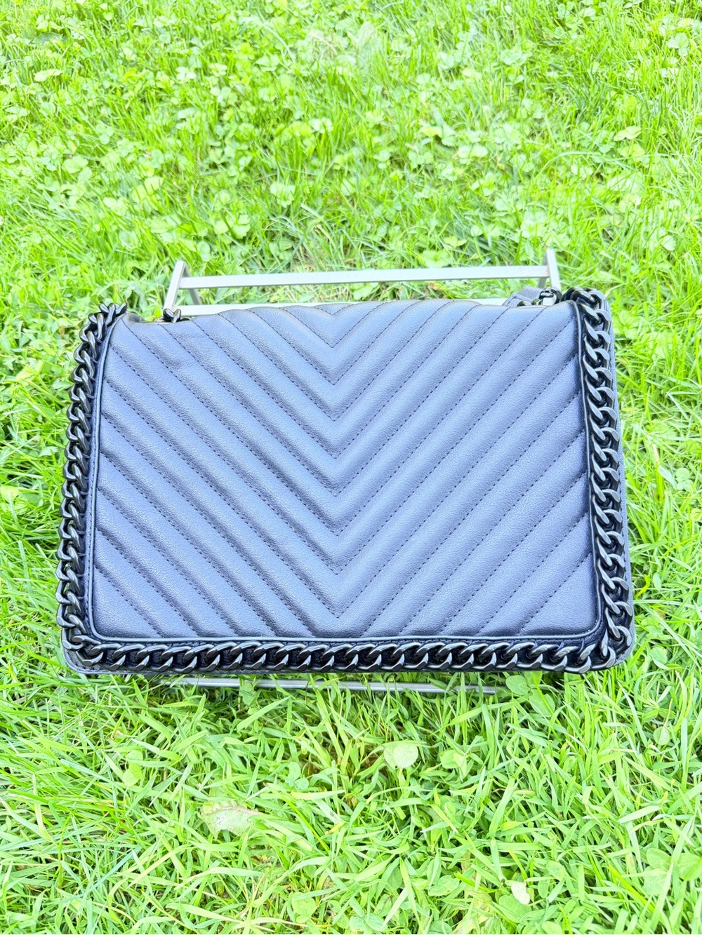 Aldo Quilted Chevron Shoulder Bag with Chain Trim in Black